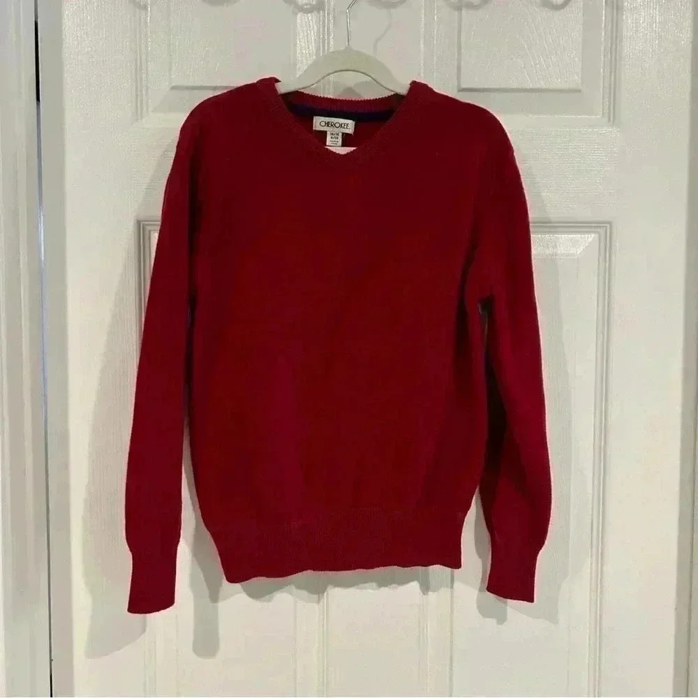 Youth Boys Cherokee Red V Neck Longsleeve Sweater Uniform Holiday Size M 8/10
